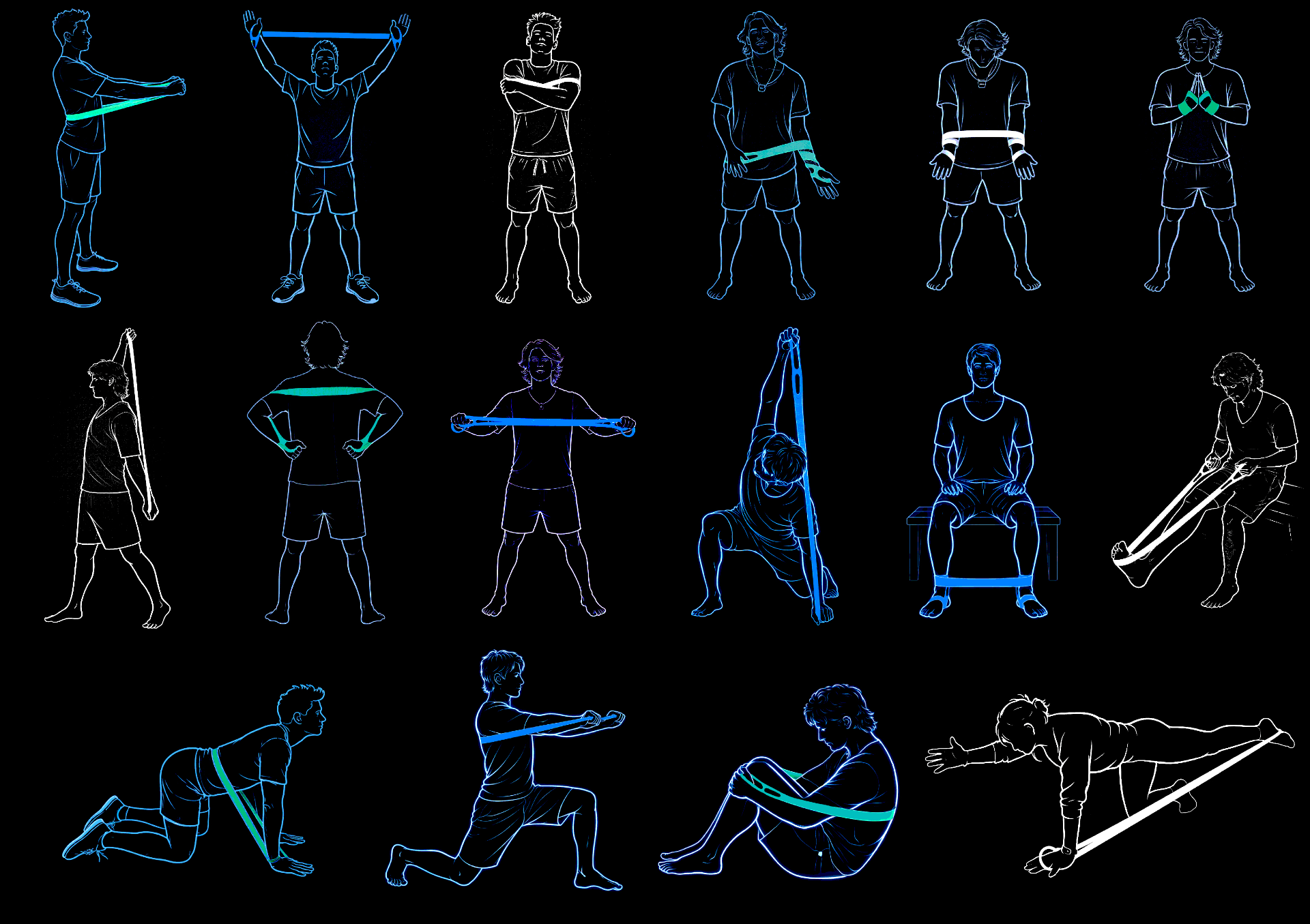 Flow School movement library — illustrated catalog of resistance band movements